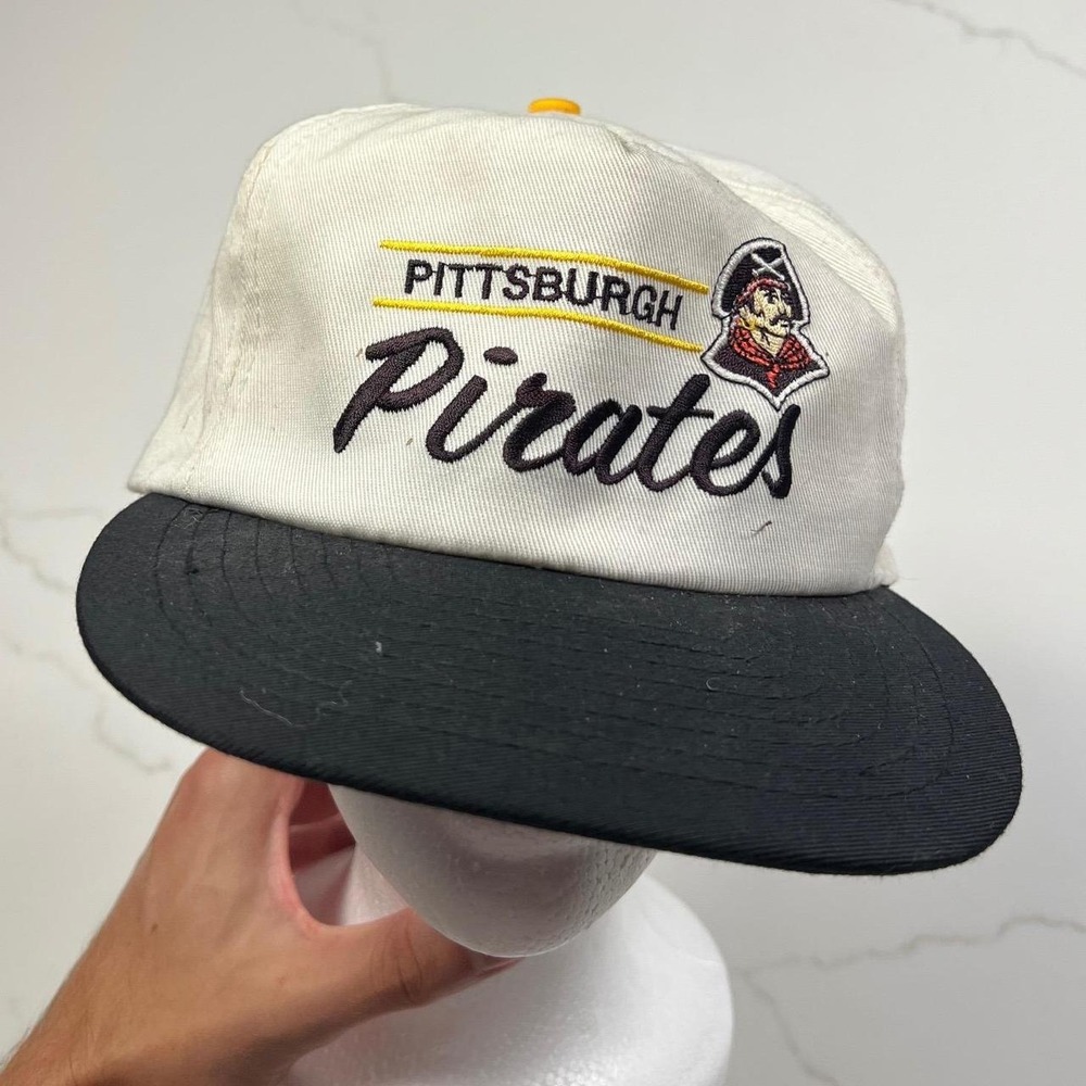 script Pittsburgh Pirates Hat Mens Vintage Snapback White Black MLB Cap